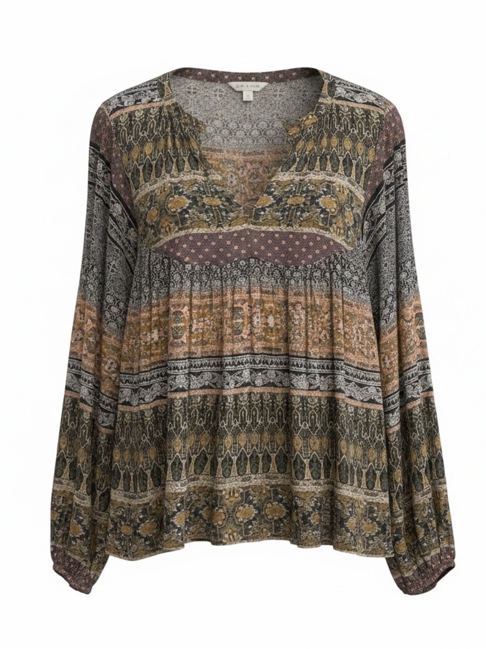 Lucky Brand Boho patterned, Knit Blouse in Brown, Olive, Cream